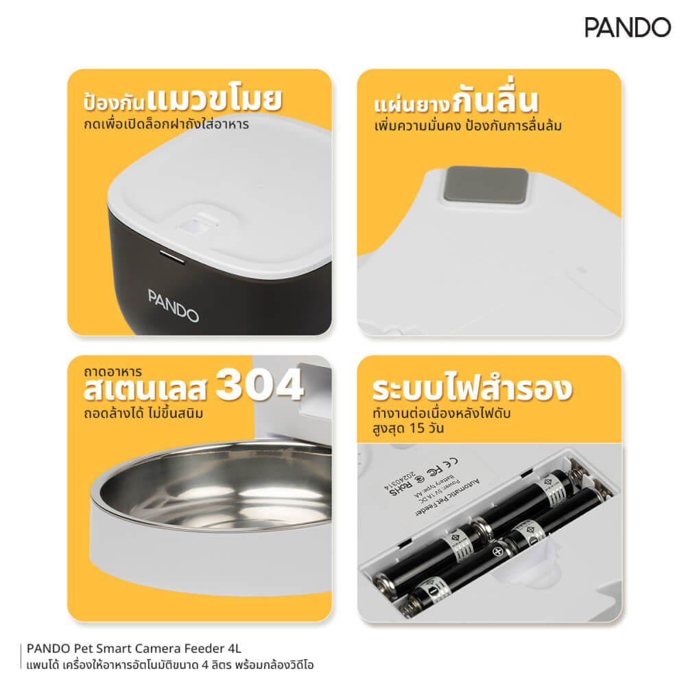 เครื่องให้อาหารอัตโนมัติ PANDO ขนาด 4 ลิตร (พร้อมกล้องวิดีโอ)